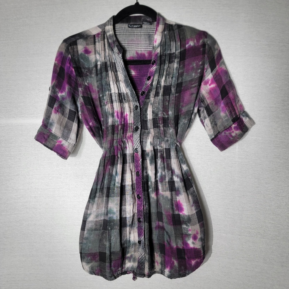 Y2k Vtg DayTrip Baby Doll Pleated Tie Back Ice Dyed Purple Black Button Up Long